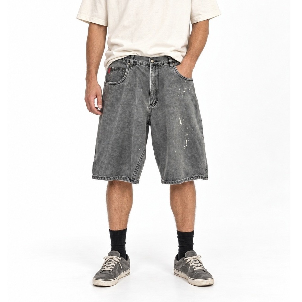 Vintage Bugle Boy Baggy Denim Jorts 36 Gray Paint Splatter Skater Y2K Hip Hop